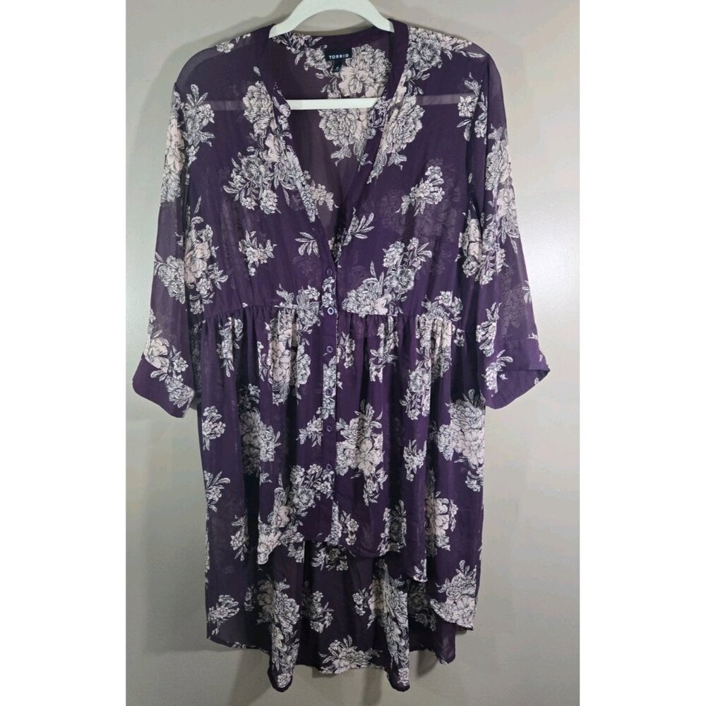 Torrid Maroon Floral Print High Low Chiffon Tunic Sz 0
